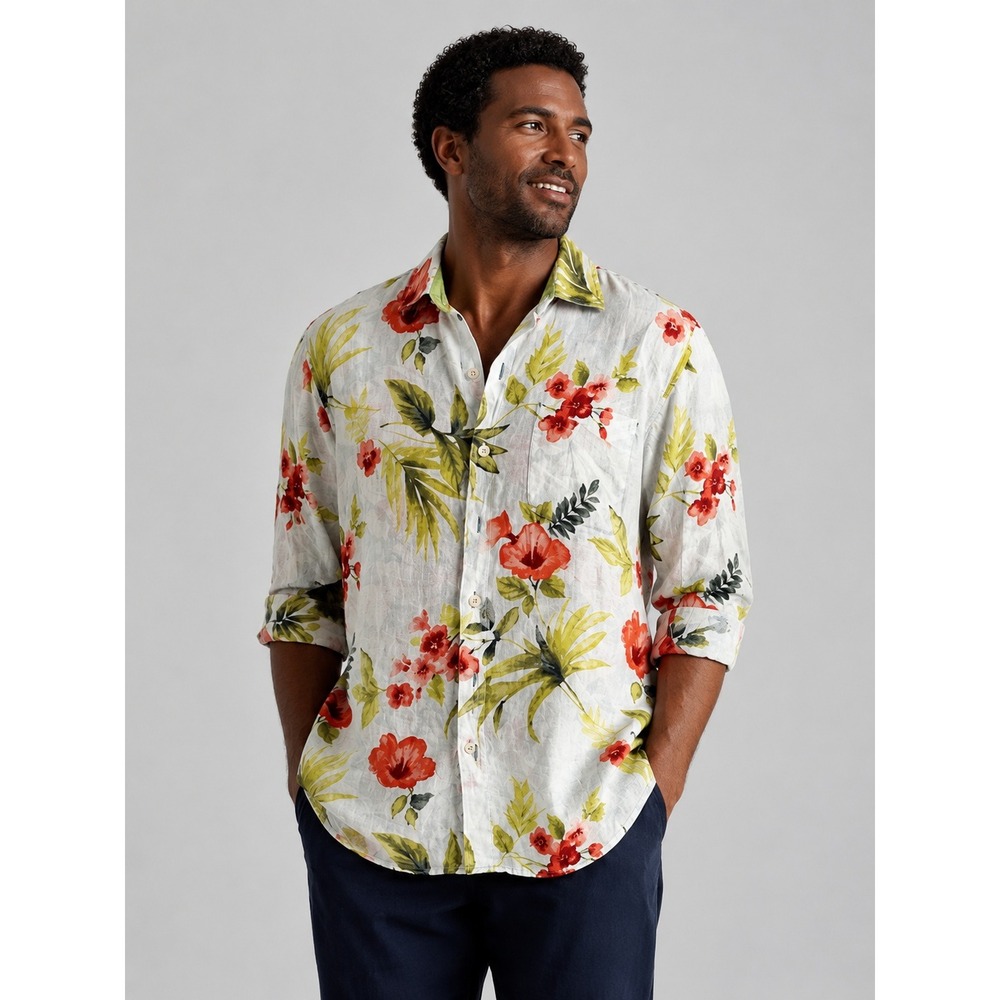 Tommy Bahama Mens 100% Linen Tropical Floral Hibiscus Button Down Shirt White L